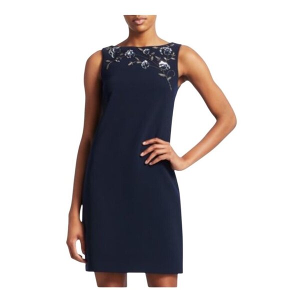 Theia Embellished Crepe Shift Dress Navy event guest formal elegant women’s 4 - Picture 1 of 14